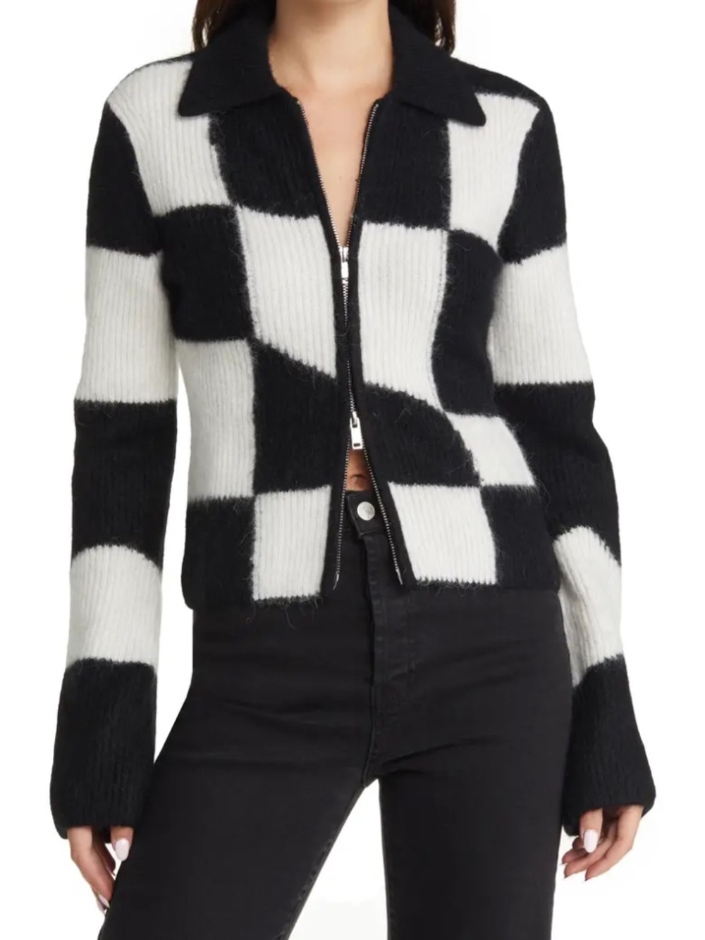 Anthropologie & Other Stories Knitted Zip Cardigan Checkerboard Sweater
